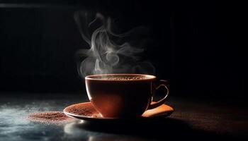chaud vapeur monte de élégant noir café sur en bois soucoupe généré par ai photo