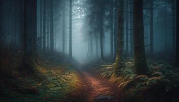 effrayant forêt mystère sombre, brumeux, et humide avec l'automne feuilles généré par ai photo