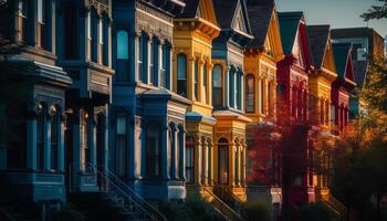 vibrant ville horizon illuminé par multi coloré rue lumières à crépuscule généré par ai photo