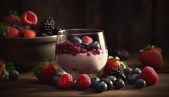 biologique baie parfait avec myrtille, framboise, et fraise sur bois table généré par ai photo