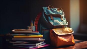 retour à école aventure étudiant porter sac à dos et relié livre généré par ai photo