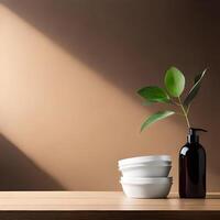 moquer en haut pour l'image de marque des produits et produits de beauté. vide en bois table avec lumière reflets. composition avec feuilles et les fenêtres ombre sur le mur et en bois tableau. génératif ai, ai génératif photo