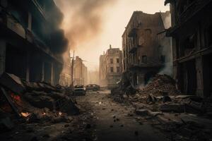 Feu dans le des rues de Calcutta. effrayant guerre situation et spectaculaire destruction dans une ville, ai généré photo