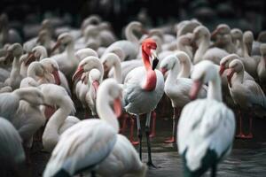 flamant dans le eau, Phoenicopterus roseus, permanent en dehors de le foule, une blanc oiseau permanent en dehors de autres, ai généré photo