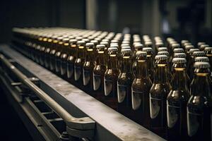 convoyeur ceinture avec bouteilles de alcoolique breuvages dans une moderne usine, Bière bouteilles sur une Brasserie convoyeur production doubler, ai généré photo