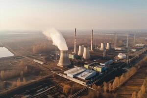 aérien vue de charbon Puissance plante dans Pologne. Puissance plante avec cheminées. gros électricité production industrie aérien voir, ai généré photo