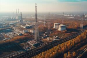 aérien vue de Puissance plante et industriel zone dans brumeux matin, gros électricité production industrie aérien voir, ai généré photo