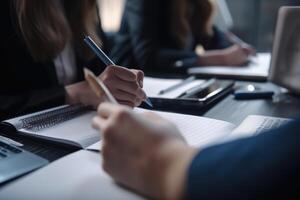 proche en haut de femelle mains l'écriture dans carnet à table dans bureau, affaires membres Faire réflexion processus, ai généré photo