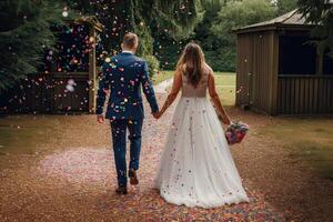la mariée et jeune marié en marchant dans le parc avec confettis sur leur mariage journée. la mariée et jeune marié en portant main uni dans l'amour et engagement, ai généré photo