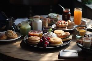 petit déjeuner dans une café sur une en bois tableau. Crêpes, café, Orange jus, Confiture, des fruits, baies, gâteaux au fromage, délicieux petit déjeuner vaisselle sur le table avec boisson, ai généré photo