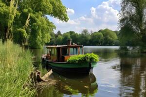 bateau sur le rivière dans le ville parc. été paysage. Jaune bateau sur le Lac à le en bois jetée, ai généré photo