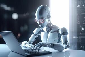 robot humanoïde travail avec portable ordinateur dans bureau. 3d le rendu, futuriste ai robot comptable portant un monocle, ai généré photo