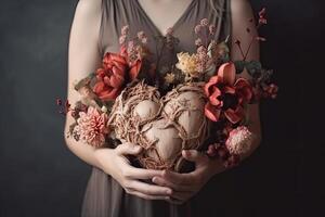 magnifique bouquet de séché fleurs dans le mains de une fille, mains en portant cœur avec fleurs aimer, ai généré photo