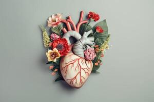 cœur avec Humain organe et fleurs sur gris Contexte. concept de en bonne santé cœur. Humain cœur avec fleurs l'amour et émotion concept, ai généré photo