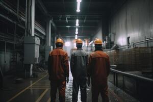 industriel ouvriers dans sécurité Vêtements et casques sont permanent dans le usine. industriel ouvriers plein arrière vue travail sur industriel espace, ai généré photo