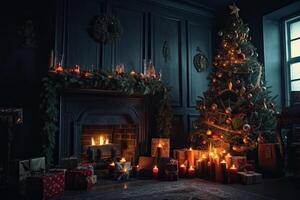 Noël arbre dans le intérieur de le vivant pièce avec une cheminée. intérieur Noël la magie embrasé arbre cheminée, ai généré photo