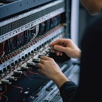 proche en haut vue de technicien travail avec câbles dans réseau serveur chambre, il ingénieur mains proche en haut coup installation fibre câble, ai généré photo