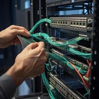 proche en haut de Masculin mains de liaison réseau câbles dans Les données centre. il ingénieur mains proche en haut coup installation fibre câble, ai généré photo