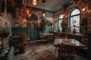 intérieur de une café avec en bois les tables et chaises, ancien style, à l'intérieur une magnifiquement décoré café restaurant, ai généré photo