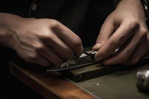 fermer de une mans mains affûtage une couteau dans une atelier, couteau affûtage, ai généré photo