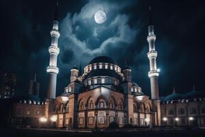 nuit vue de mosquée dans Istanbul, Turquie. tonique image. mosquée à nuit. le mosquée bâtiment dans magique clair de lune, ai généré photo