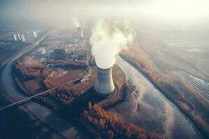 aérien vue de nucléaire Puissance plante avec fumeur cheminée. 3d rendre, nucléaire Puissance plante aérien vue avec fumée, ai généré photo