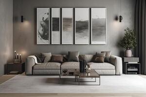 moderne vivant pièce avec gris canapé, café table et affiches. 3d le rendu, maquette affiche Cadre sur le mur de le vivant chambre, ai généré photo