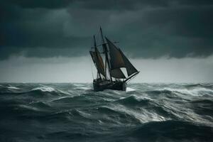 ancien voilier dans orageux mer. spectaculaire ciel. vieux voilier pris dans une gros orage à mer, ai généré photo
