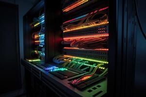 fibre optique avec les serveurs dans une La technologie Les données centre. 3d rendre, montage en rack LED console dans une serveur pièce de Les données centre, ai généré photo