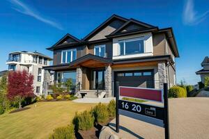 moderne maison extérieur avec garage pour vente ou louer. Nord Ouest, Etats-Unis, réel biens Accueil pour vente signe pendaison dans de face de le loger, ai généré photo