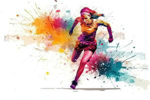 mode illustration de une magnifique Jeune femme fonctionnement avec coloré éclaboussures. fonctionnement athlétisme sport femmes coloré éclaboussure, ai généré photo