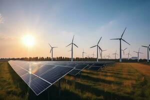 solaire panneaux et vent turbines dans une solaire cultiver, alternative électricité source, solaire panneaux et vent turbines produire électricité, ai généré photo