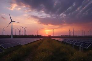 solaire panneaux et vent turbines à coucher de soleil, alternative électricité la source dans Chine, solaire panneaux et vent turbines champ avec une beau, ai généré photo