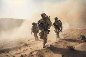 uni États Marin corps spécial les forces soldats dans le désert pendant une mission, spécial militaire soldats en marchant dans une enfumé désert, ai généré photo