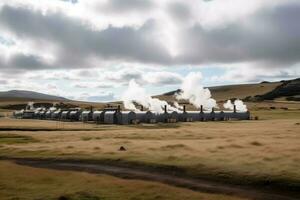 islandais steppe paysage avec fumée de le cheminées de une usine, le géothermie énergie fabrication industrie produire, ai généré photo