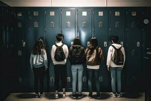 retour vue de écoliers permanent dans casier pièce avec sacs à dos et sacs à dos, adolescent école des gamins permanent dans de face de casier, ai généré photo