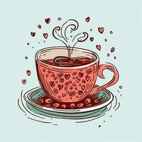 tasse de thé avec cœurs. illustration dans esquisser style. café valentines journée clipart, ai généré photo