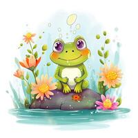 grenouille séance sur une Roche avec fleurs dans le l'eau. mignonne peu content grenouille clipart sur Haut de eau, ai généré photo