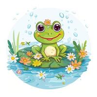 grenouille dans le l'eau avec fleurs. dessin animé personnage. mignonne peu content grenouille clipart sur Haut de eau, ai généré photo