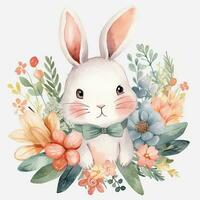 mignonne aquarelle lapin avec fleurs et feuilles. illustration. floral Pâques lapin clipart, ai généré photo
