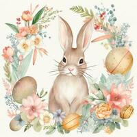 Pâques salutation carte avec mignonne lapin et fleurs. aquarelle illustration photo