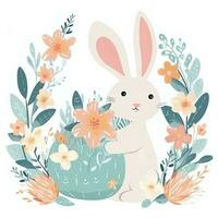 mignonne Pâques lapin avec fleurs et feuilles. illustration. floral Pâques lapin clipart, ai généré photo