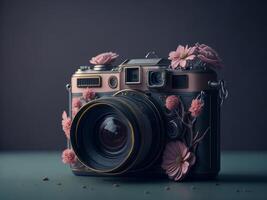 ancien rétro photo caméra avec fleurs. ai généré