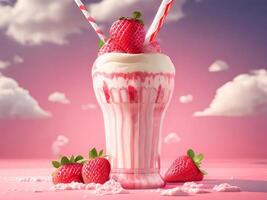 fraise Milk-shake sur rose Contexte. ai généré photo