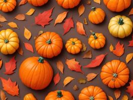 automnal éléments avec citrouilles et feuilles, ai généré photo