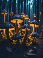 coloré, embrasé champignons dans une mystique forêt. établi avec génératif ai logiciel. photo