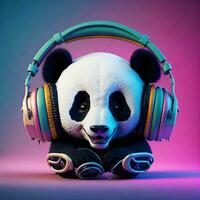 3d illustration de une Panda portant écouteurs pour icône ou logo photo