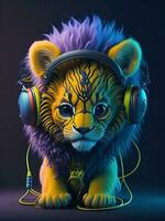 3d illustration de une bébé Lion portant écouteurs pour icône ou logo photo