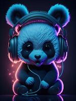 3d illustration de une bébé Panda portant écouteurs pour icône ou logo photo