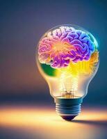 des idées concept, cerveau à l'intérieur le lumière ampoule sur coloré Contexte photo